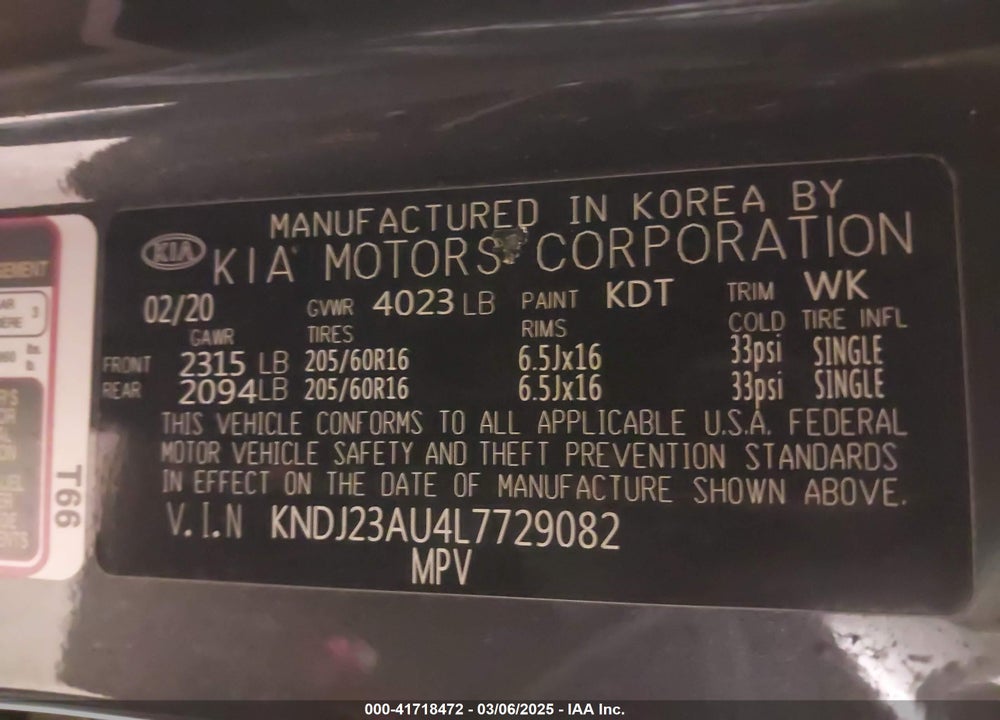 2020 KIA SOUL LX VIN: KNDJ23AU4L7729082