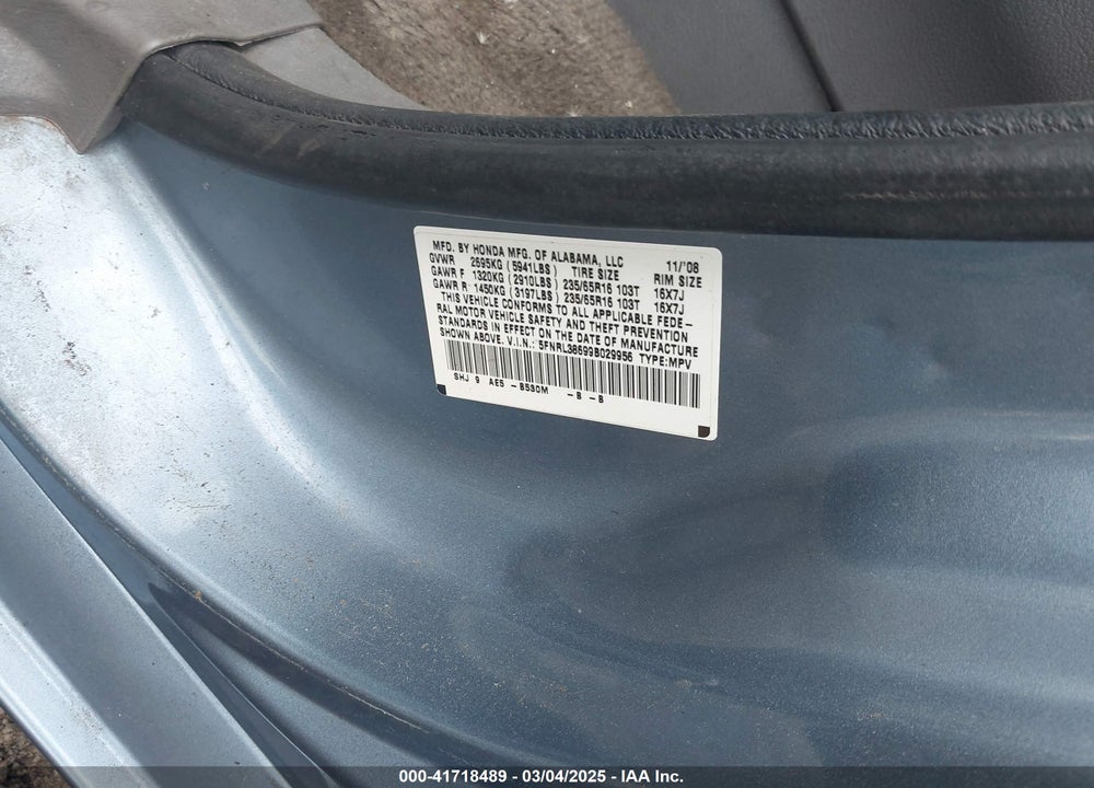 2009 HONDA ODYSSEY VIN: 5FNRL38699B029956
