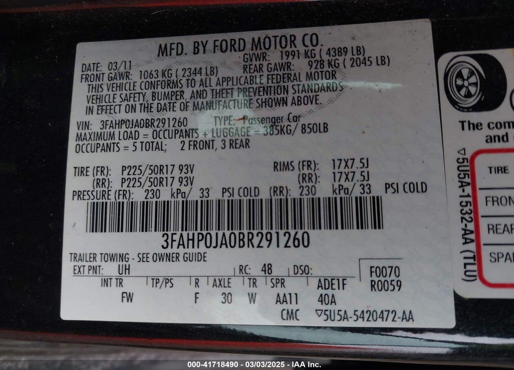2011 FORD FUSION SEL VIN: 3FAHP0JA0BR291260