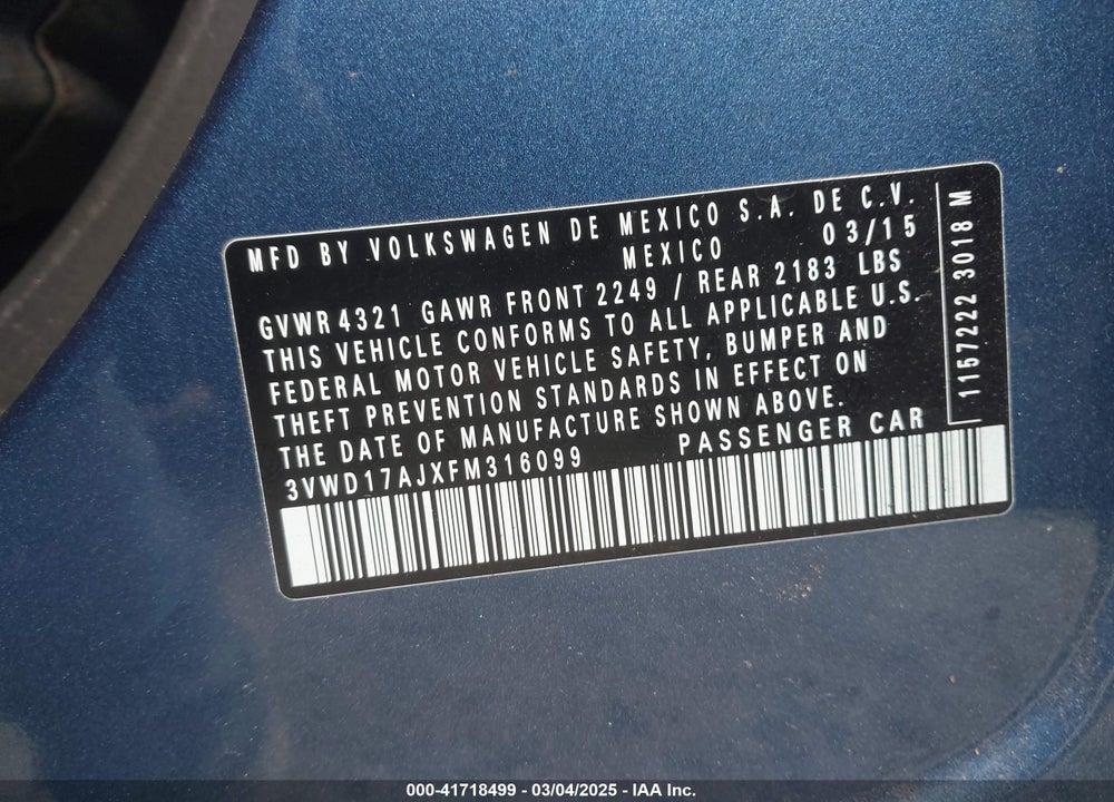 2015 VOLKSWAGEN JETTA VIN: 3VWD17AJXFM316099