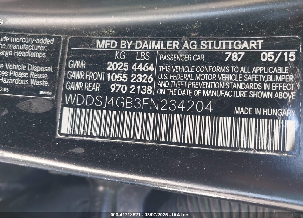 2015 MERCEDES-BENZ CLA 250 4MATIC VIN: WDDSJ4GB3FN234204
