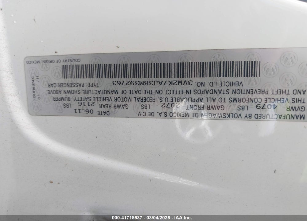2011 VOLKSWAGEN JETTA VIN: 3VW2K7AJ3BM392763