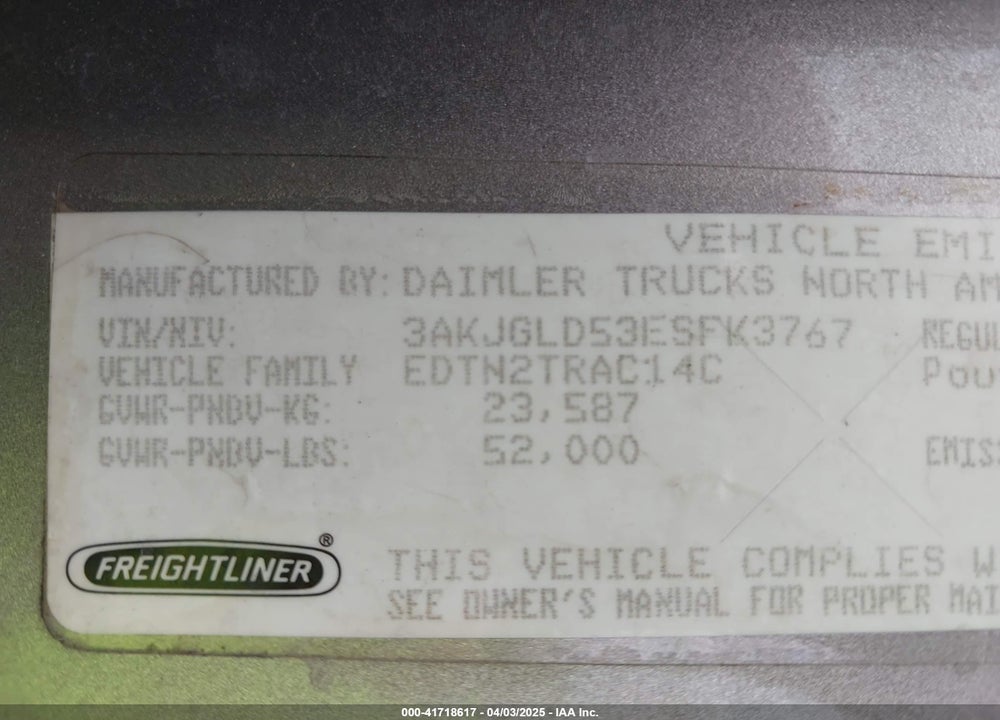 2014 FREIGHTLINER CASCADIA 125 --- VIN: 3AKJGLD53ESFK3767