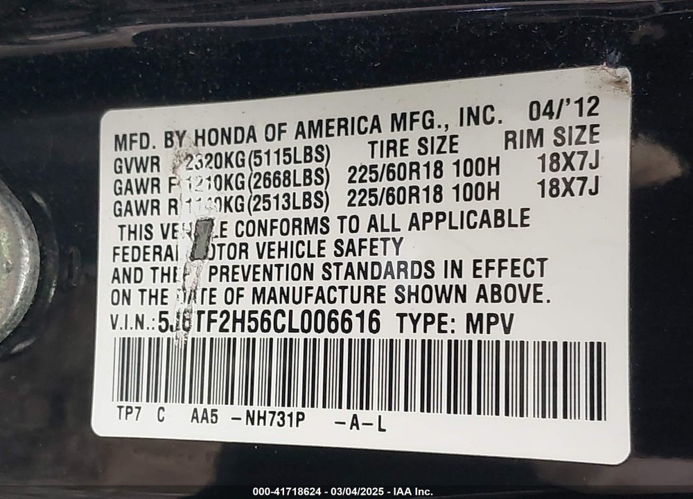 2012 HONDA CROSSTOUR EX-L VIN: 5J6TF2H56CL006616