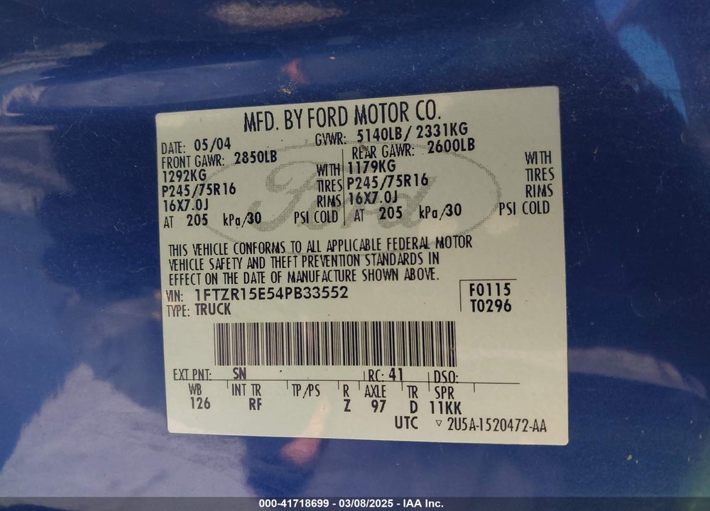 2004 FORD RANGER VIN: 1FTZR15E54PB33552