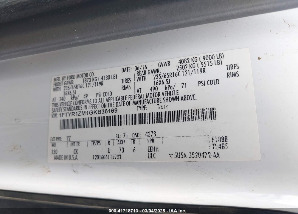 2016 FORD TRANSIT-250 VIN: 1FTYR1ZM1GKB36169