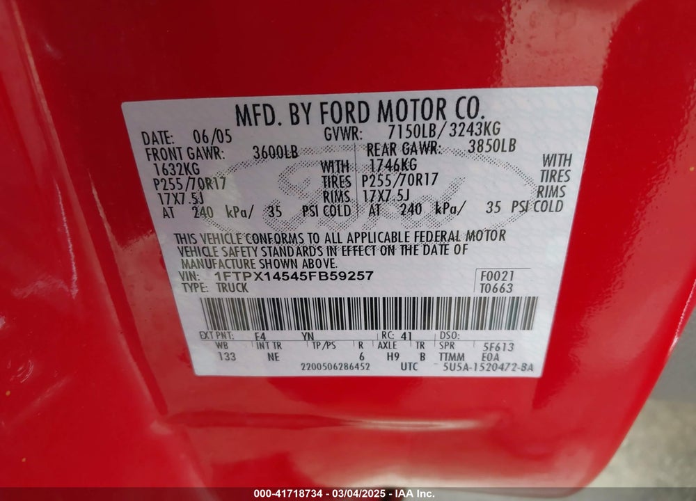 2005 FORD F-150 VIN: 1FTPX14545FB59257