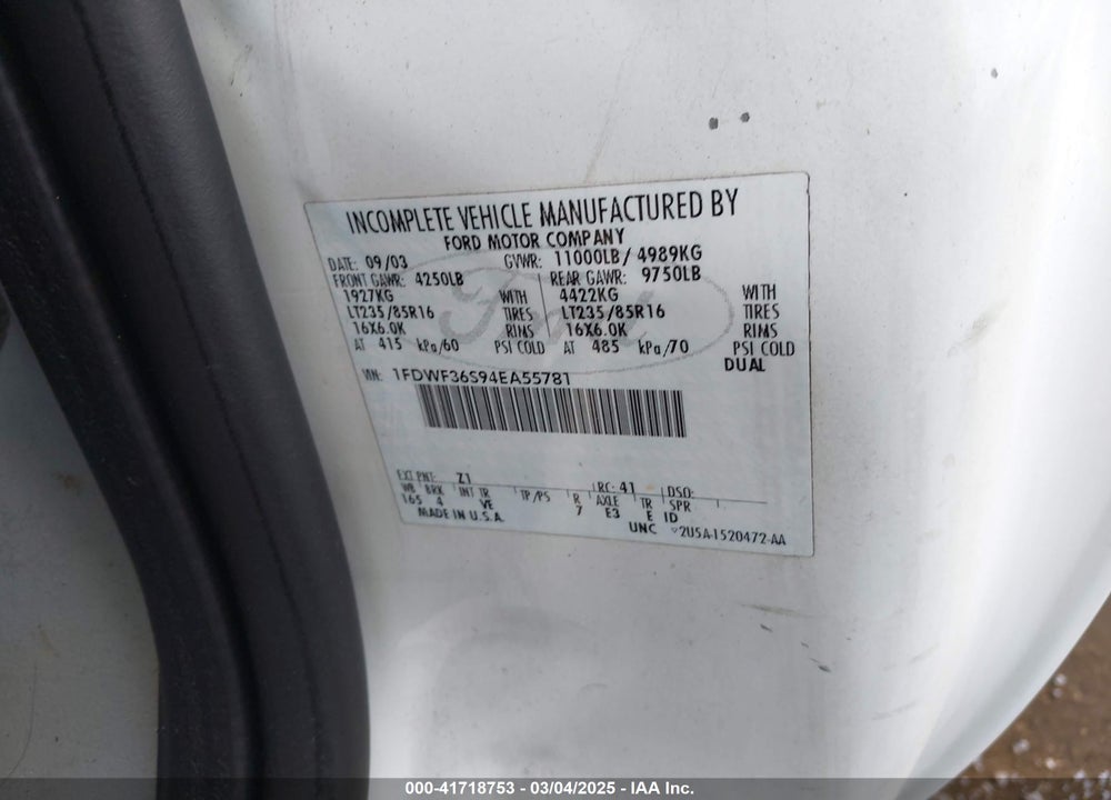 2004 FORD F 350 VIN: 1FDWF36S94EA55781