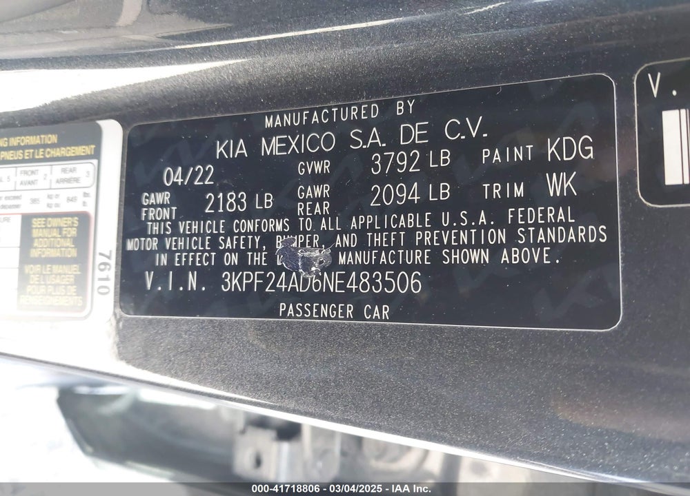 2022 KIA FORTE LXS VIN: 3KPF24AD6NE483506