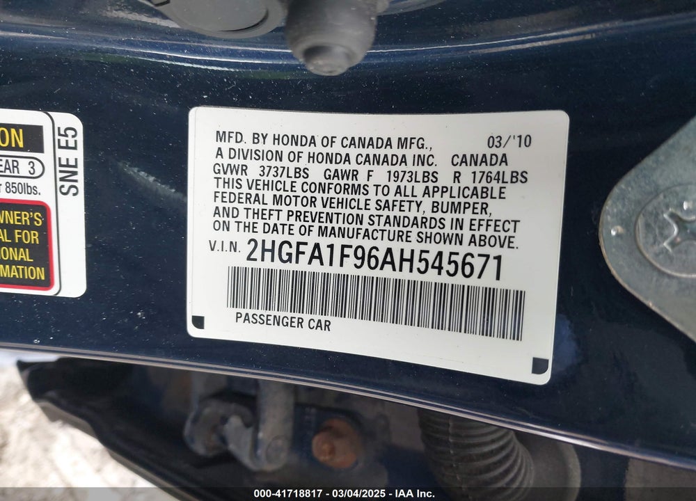 2010 HONDA CIVIC VIN: 2HGFA1F96AH545671