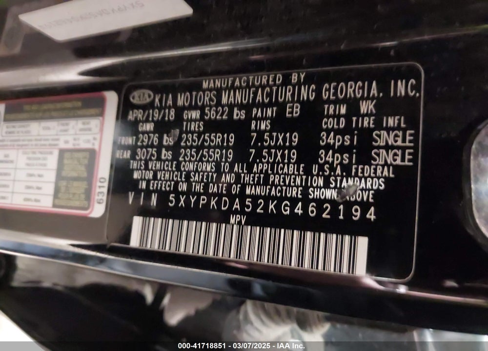 2019 KIA SORENTO VIN: 5XYPKDA52KG462194