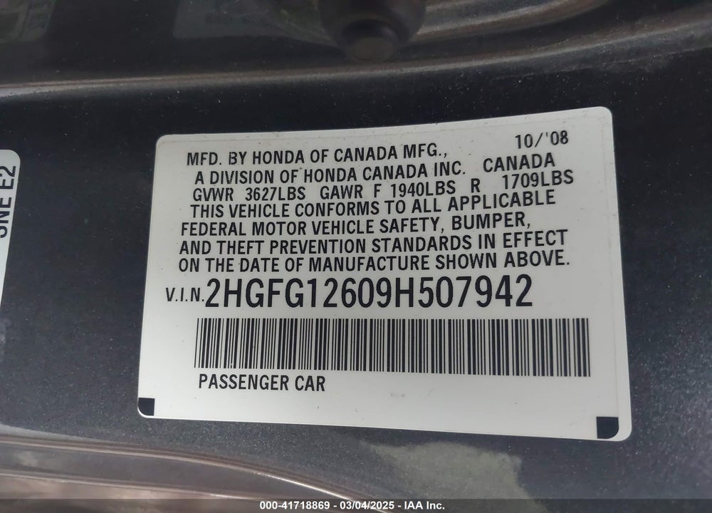 2009 HONDA CIVIC VIN: 2HGFG12609H507942