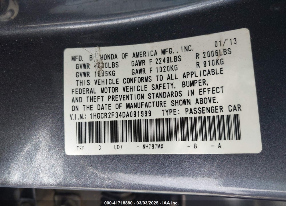 2013 HONDA ACCORD VIN: 1HGCR2F34DA091999
