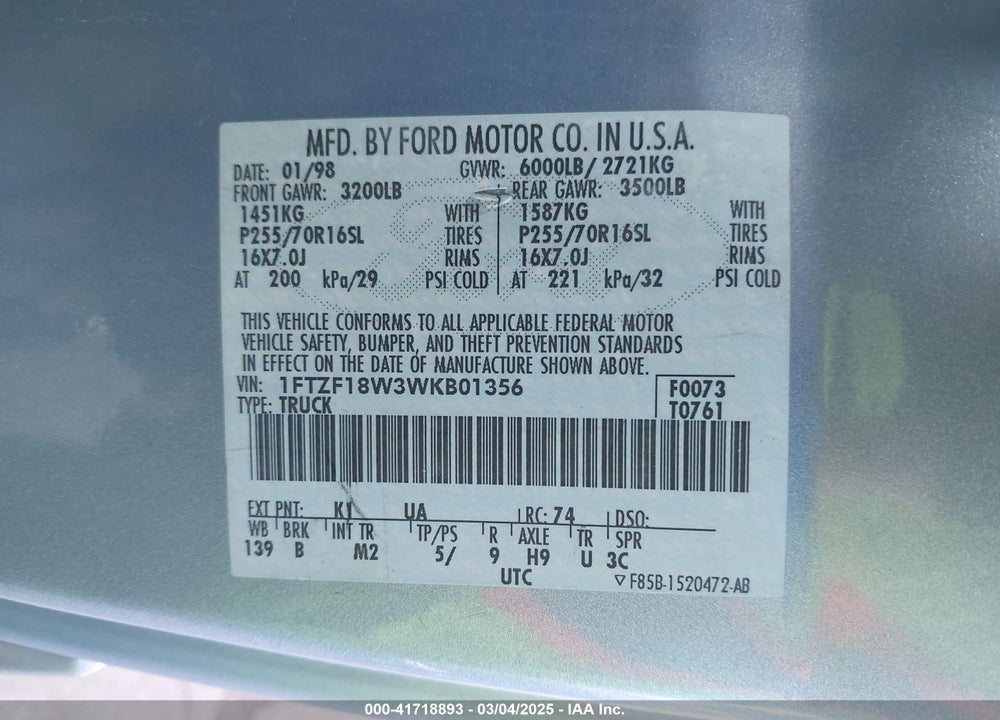 1998 FORD F-150 LARIAT/STANDARD/XL/XLT VIN: 1FTZF18W3WKB01356
