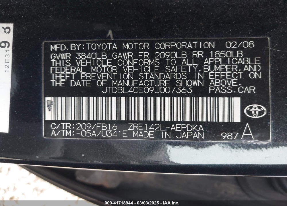 2009 TOYOTA COROLLA VIN: JTDBL40E09J007363
