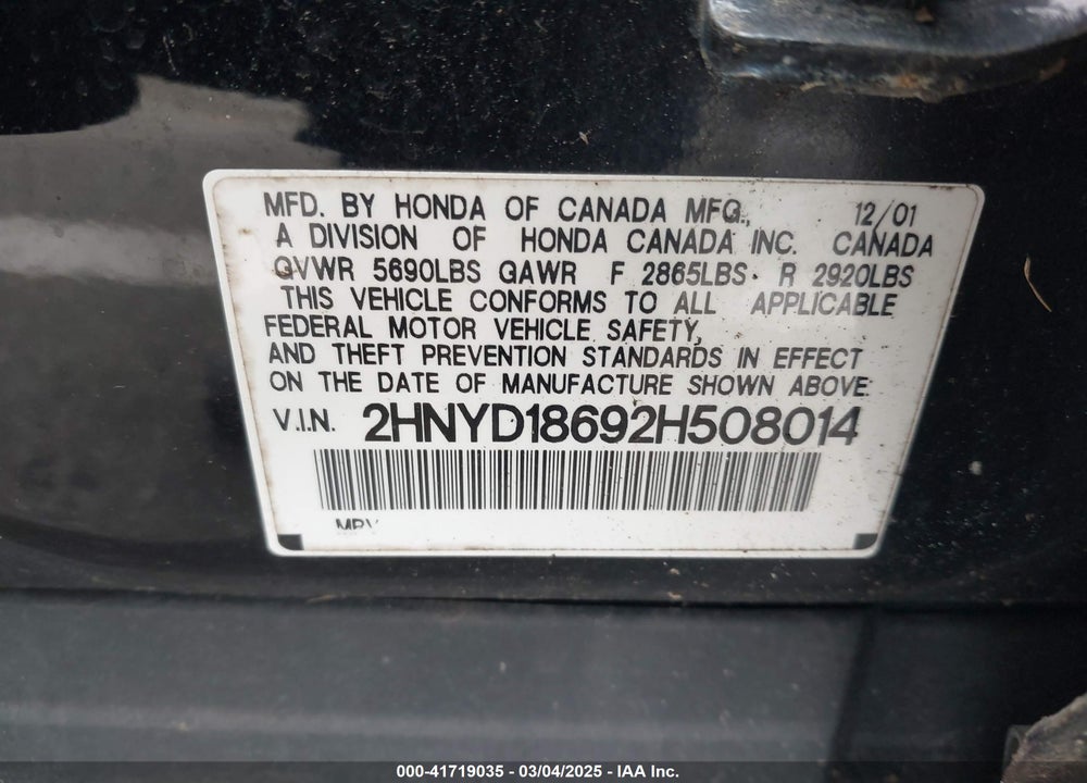 2002 ACURA MDX VIN: 2HNYD18692H508014
