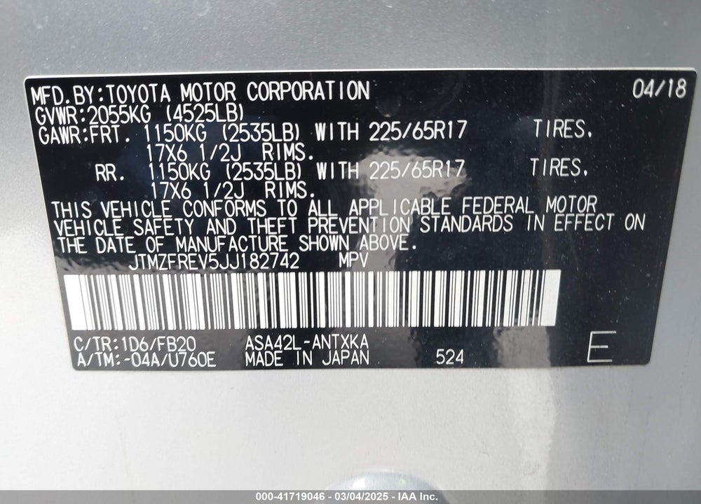 2018 TOYOTA RAV4 VIN: JTMZFREV5JJ182742