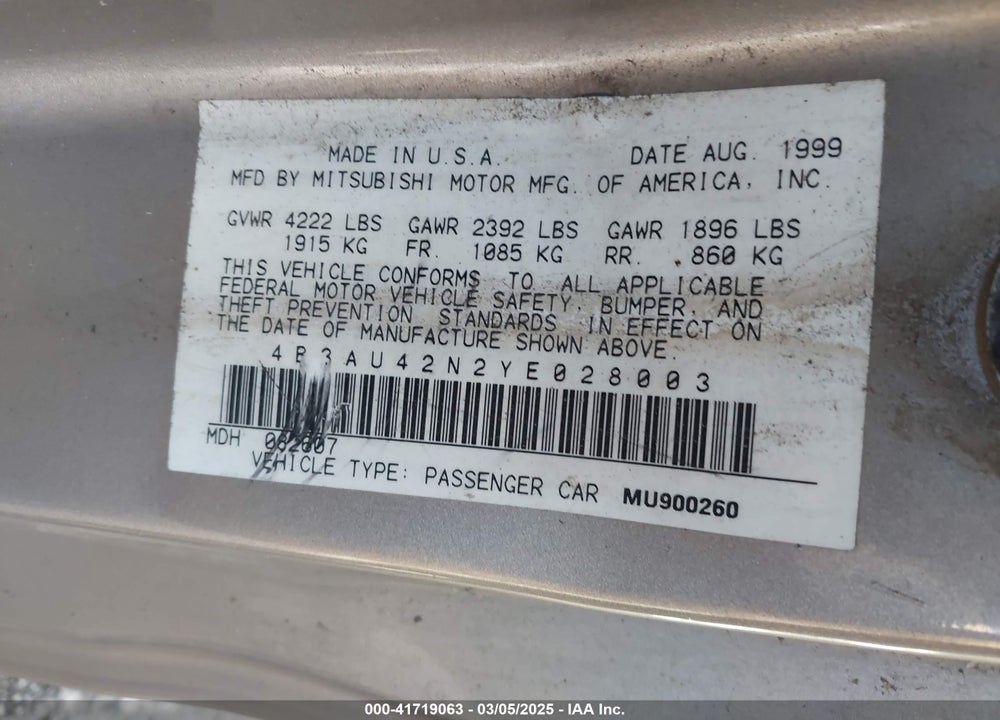 2000 DODGE AVENGER VIN: 4B3AU42N2YE028003