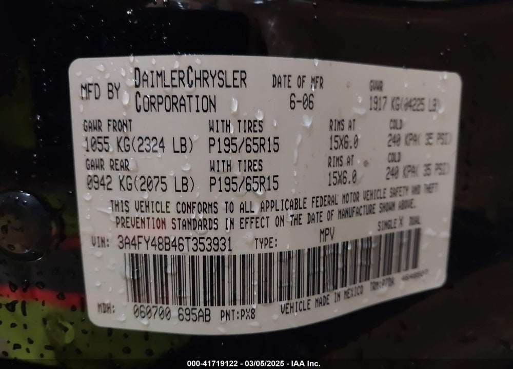 2006 CHRYSLER PT CRUISER VIN: 3A4FY48B46T353931