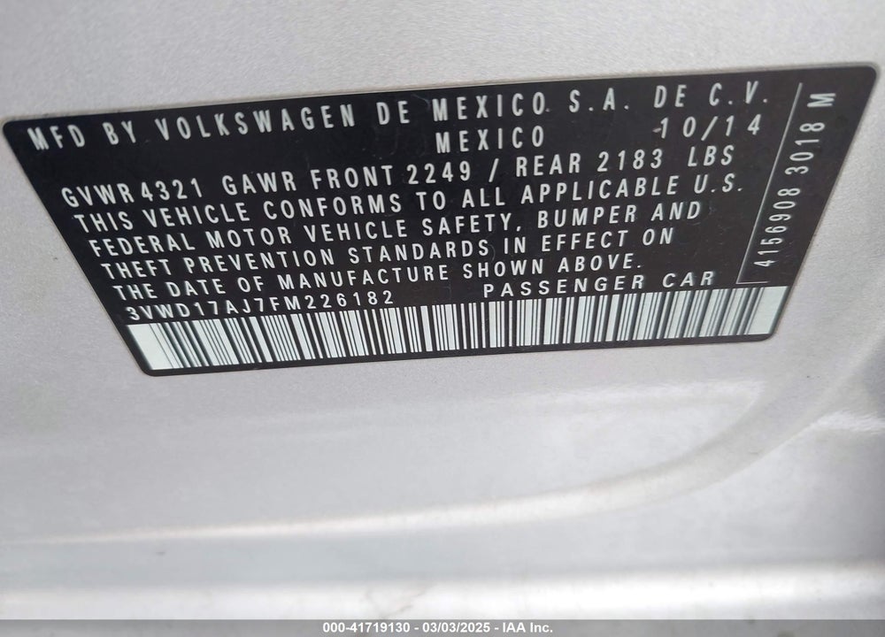 2015 VOLKSWAGEN JETTA 1.8T SE VIN: 3VWD17AJ7FM226182