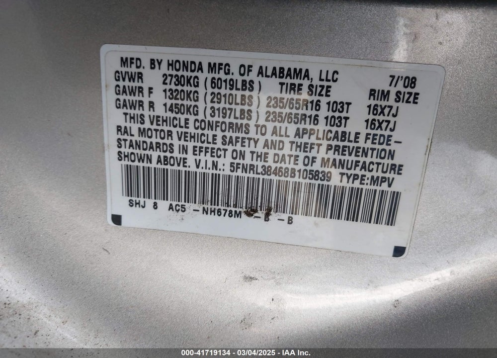 2008 HONDA ODYSSEY VIN: 5FNRL38468B105839