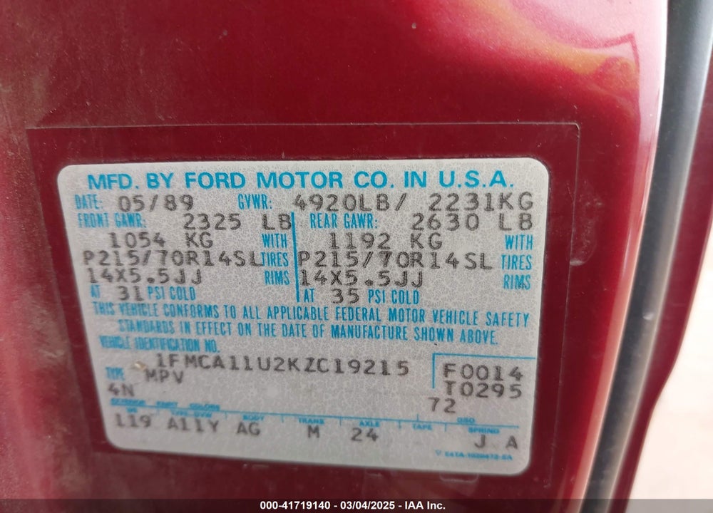 1989 FORD AEROSTAR VIN: 1FMCA11U2KZC19215
