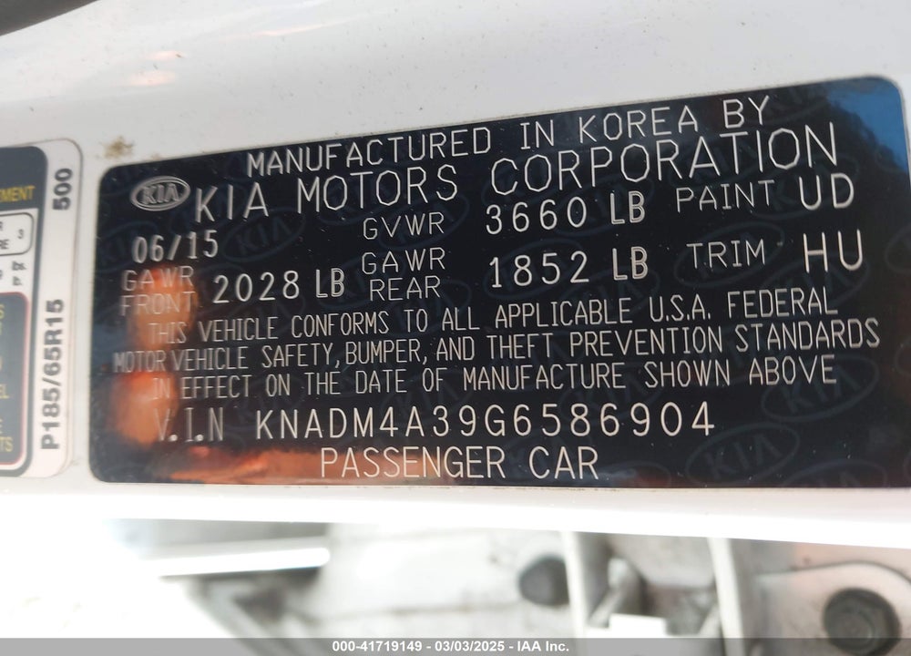 2016 KIA RIO VIN: KNADM4A39G6586904