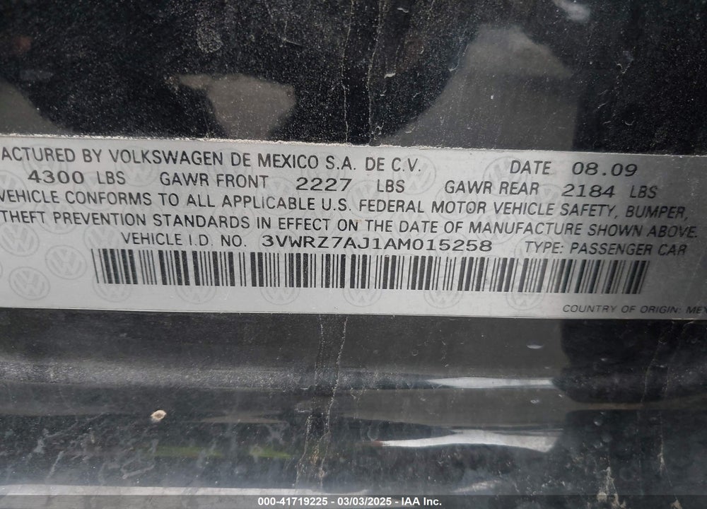 2010 VOLKSWAGEN JETTA VIN: 3VWRZ7AJ1AM015258