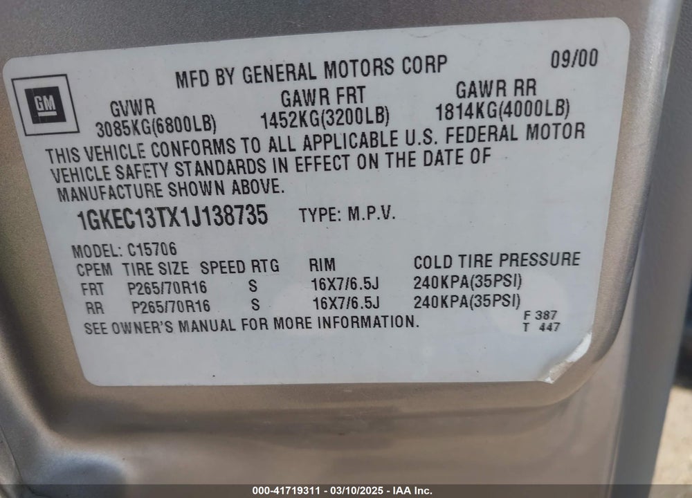 2001 GMC YUKON VIN: 1GKEC13TX1J138735