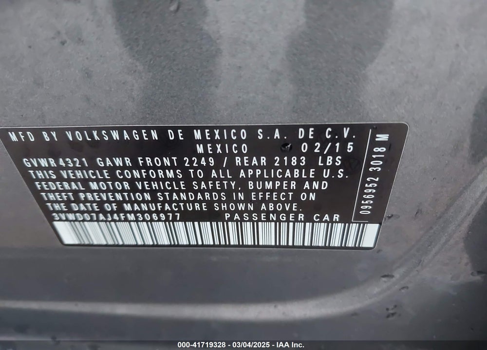 2015 VOLKSWAGEN JETTA VIN: 3VWD07AJ4FM306977