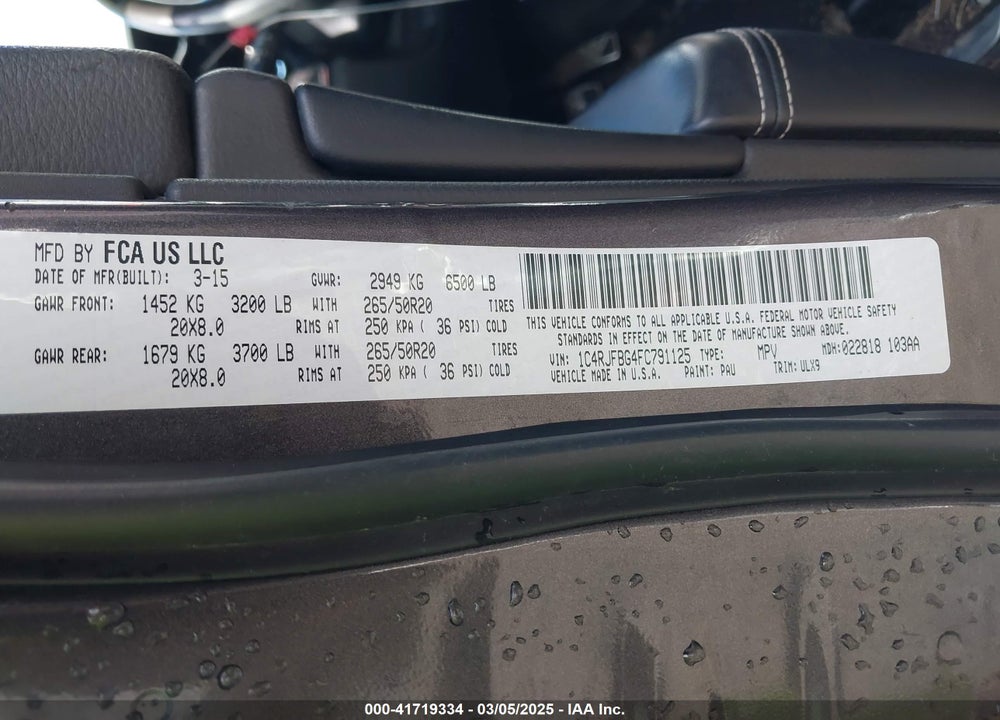 2015 JEEP GRAND CHEROKEE LIMITED VIN: 1C4RJFBG4FC791125