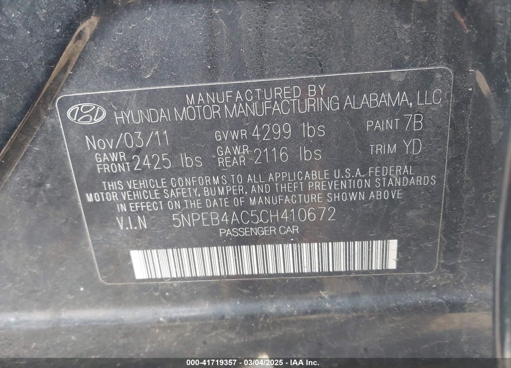 2012 HYUNDAI SONATA VIN: 5NPEB4AC5CH410672
