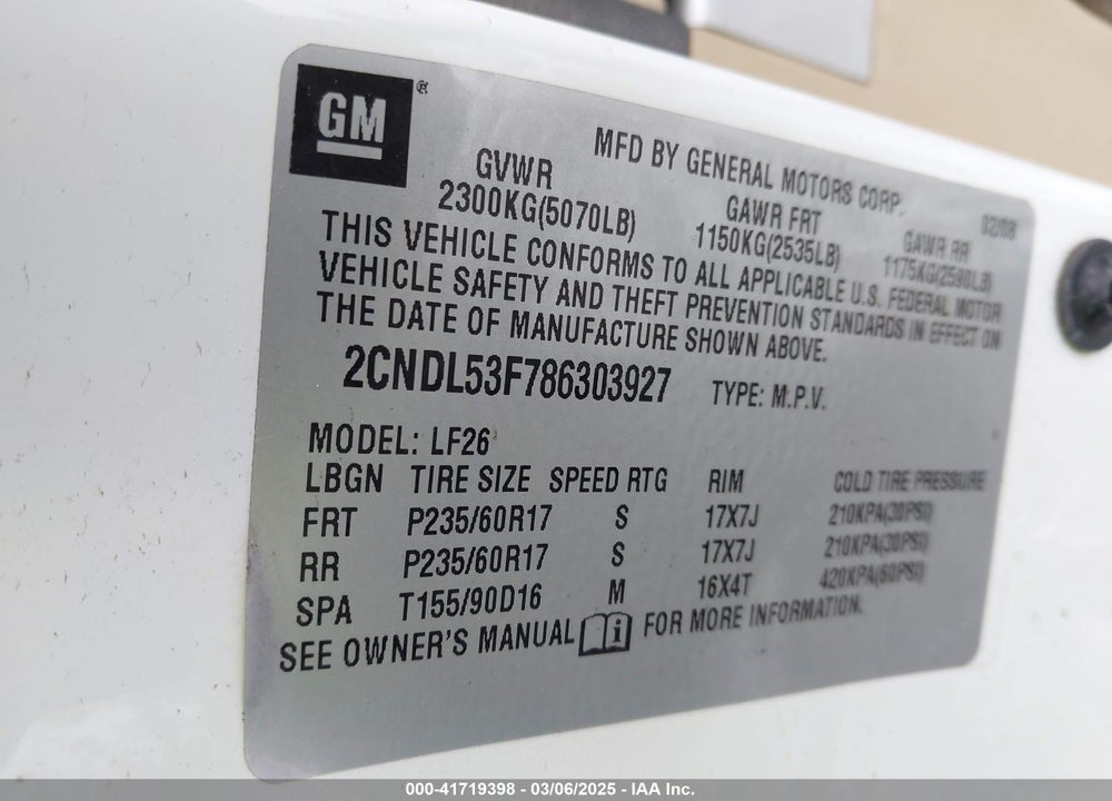 2008 CHEVROLET EQUINOX LT VIN: 2CNDL53F786303927