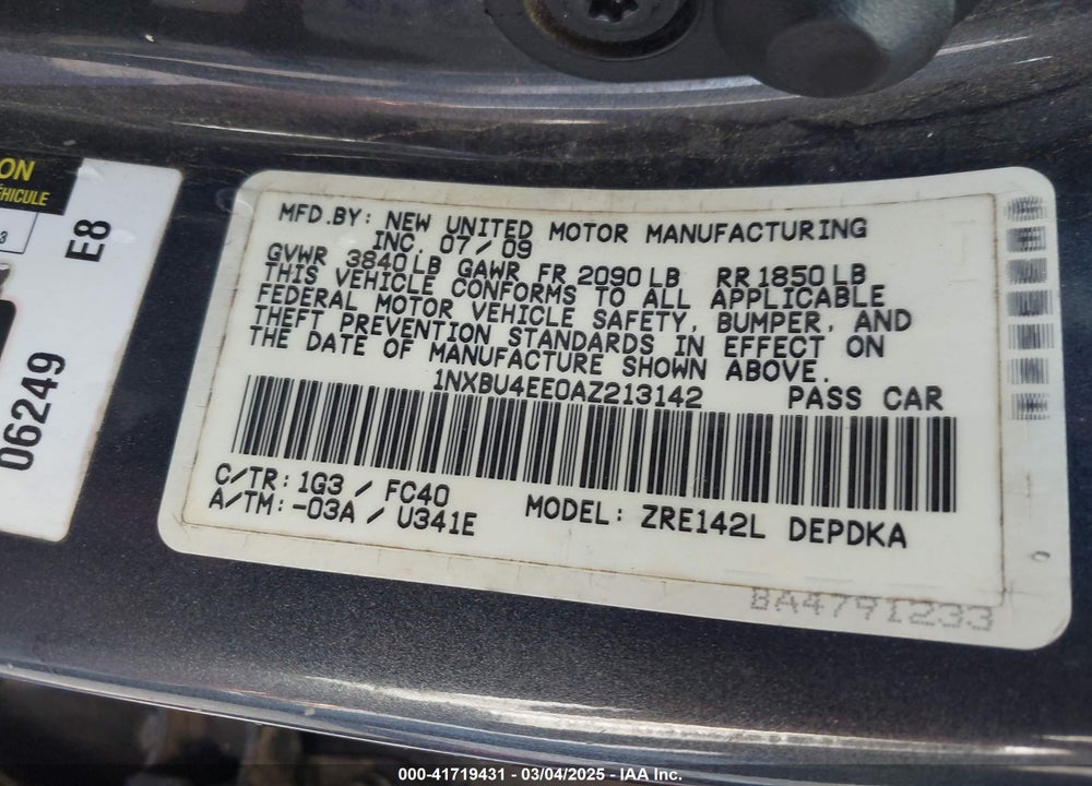 2010 TOYOTA COROLLA LE VIN: 1NXBU4EE0AZ213142