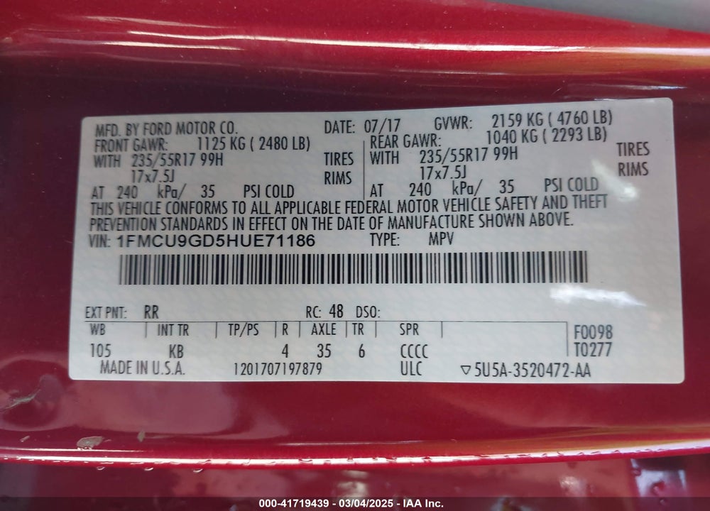 2017 FORD ESCAPE SE VIN: 1FMCU9GD5HUE71186