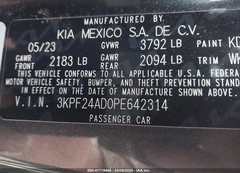 2023 KIA FORTE VIN: 3KPF24AD0PE642314