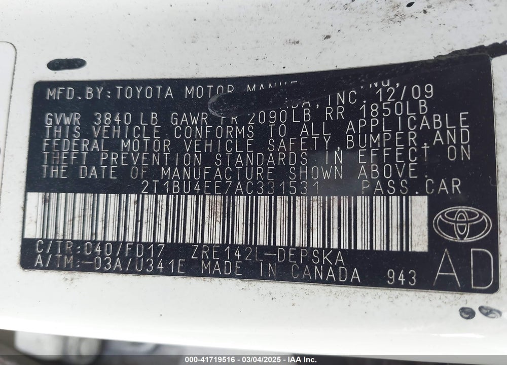 2010 TOYOTA COROLLA VIN: 2T1BU4EE7AC331531