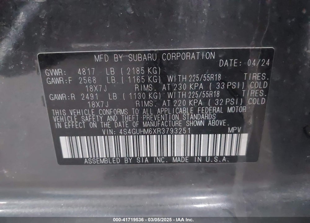 2024 SUBARU CROSSTREK VIN: 4S4GUHM6XR3793251