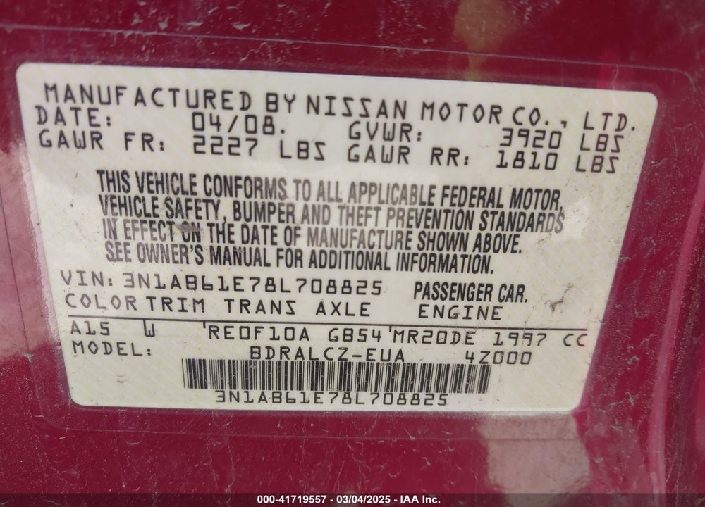 2008 NISSAN SENTRA 2.0 VIN: 3N1AB61E78L708825