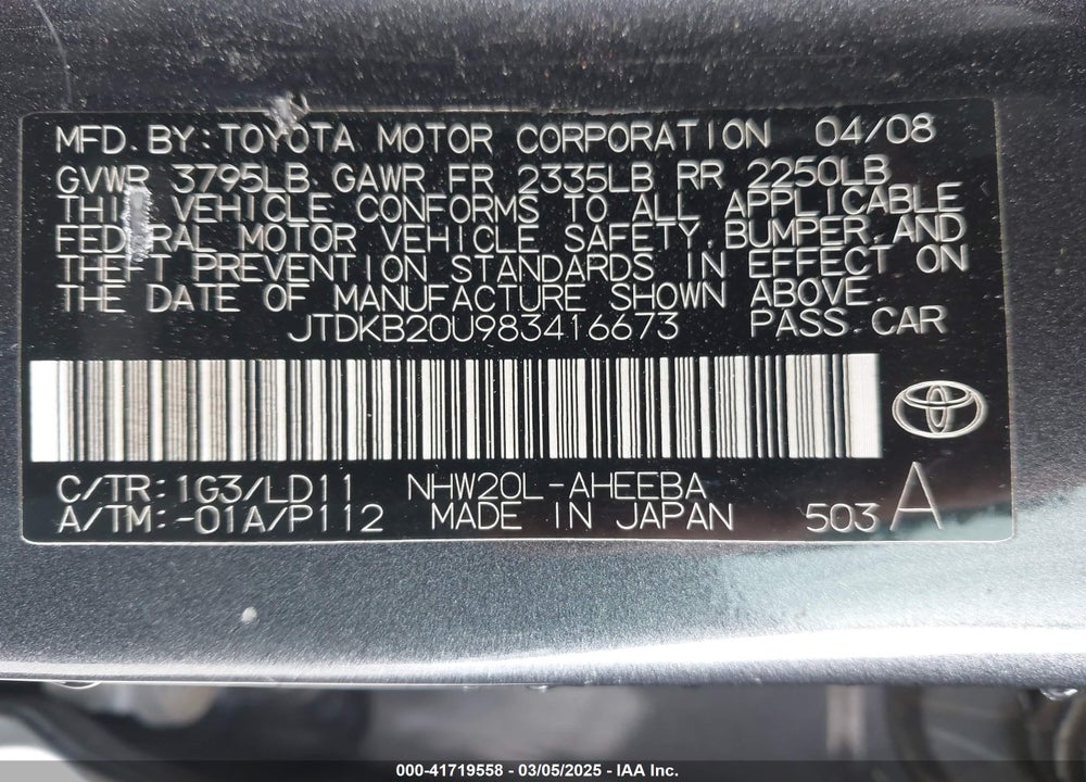 2008 TOYOTA PRIUS VIN: JTDKB20U983416673