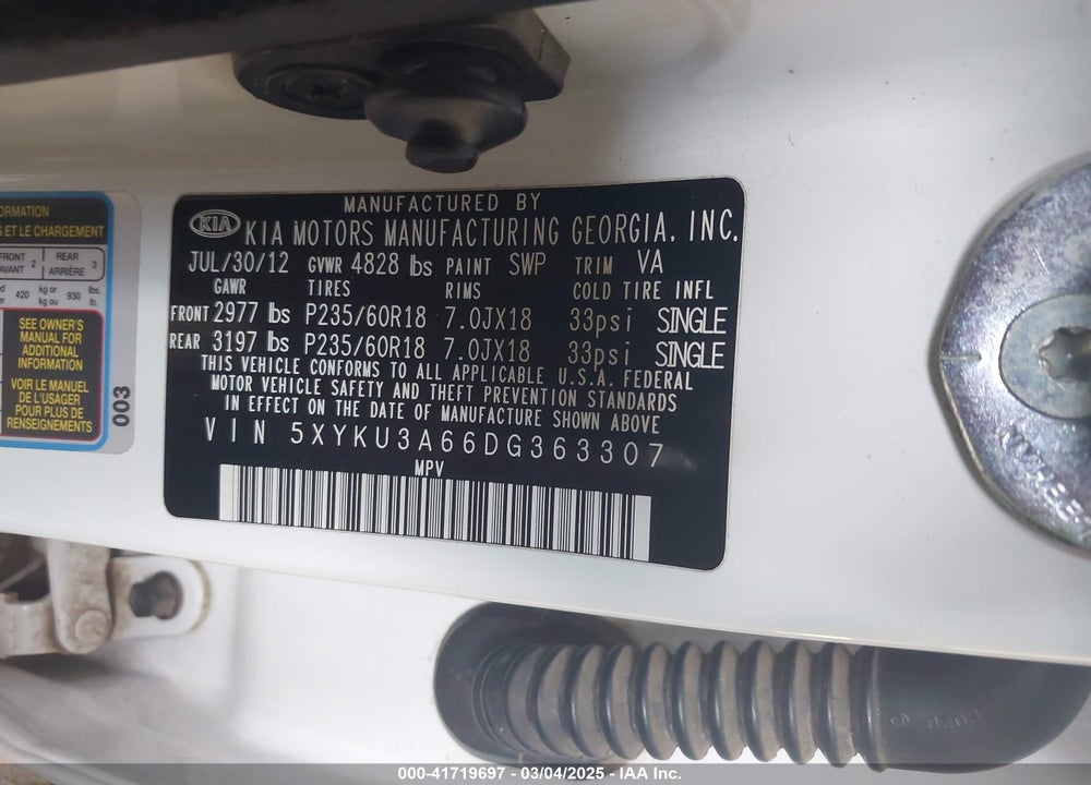 2013 KIA SORENTO EX VIN: 5XYKU3A66DG363307