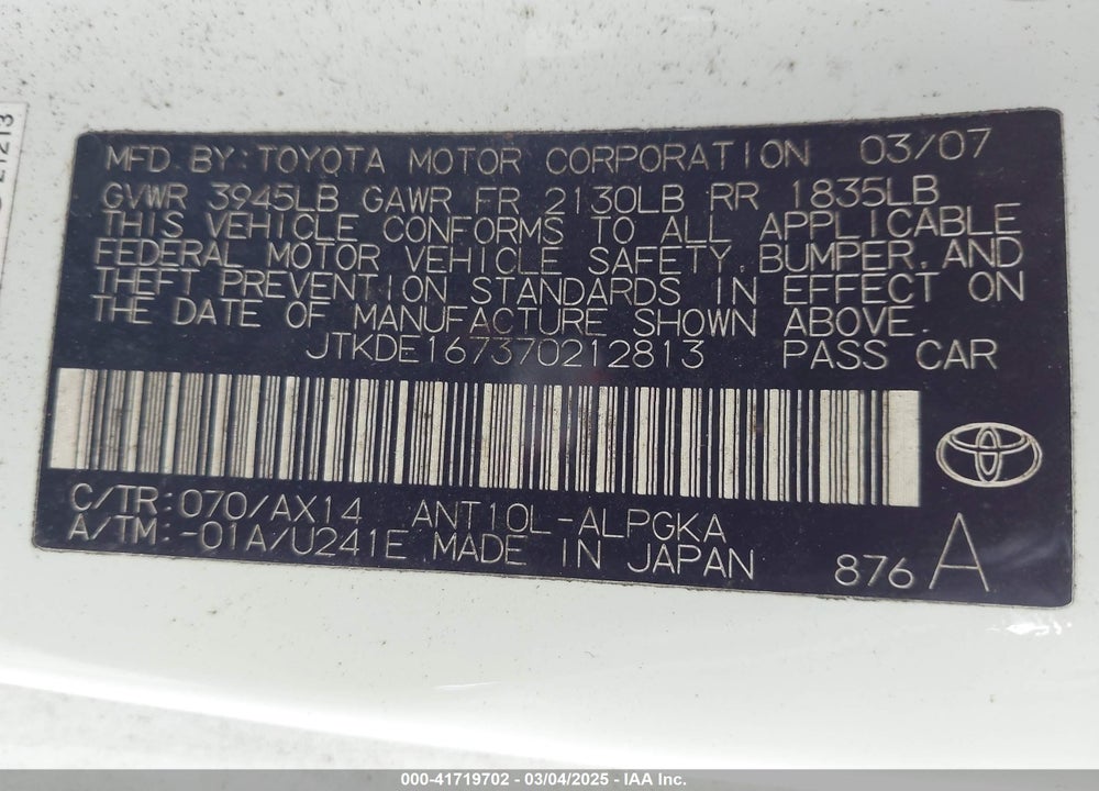 2007 SCION TC VIN: JTKDE167370212813