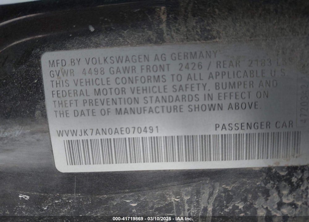 2010 VOLKSWAGEN PASSAT VIN: WVWJK7AN0AE070491