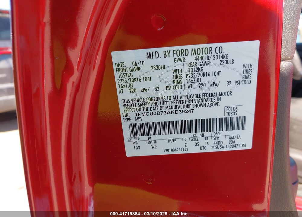2010 FORD ESCAPE XLT VIN: 1FMCU0D73AKD39247