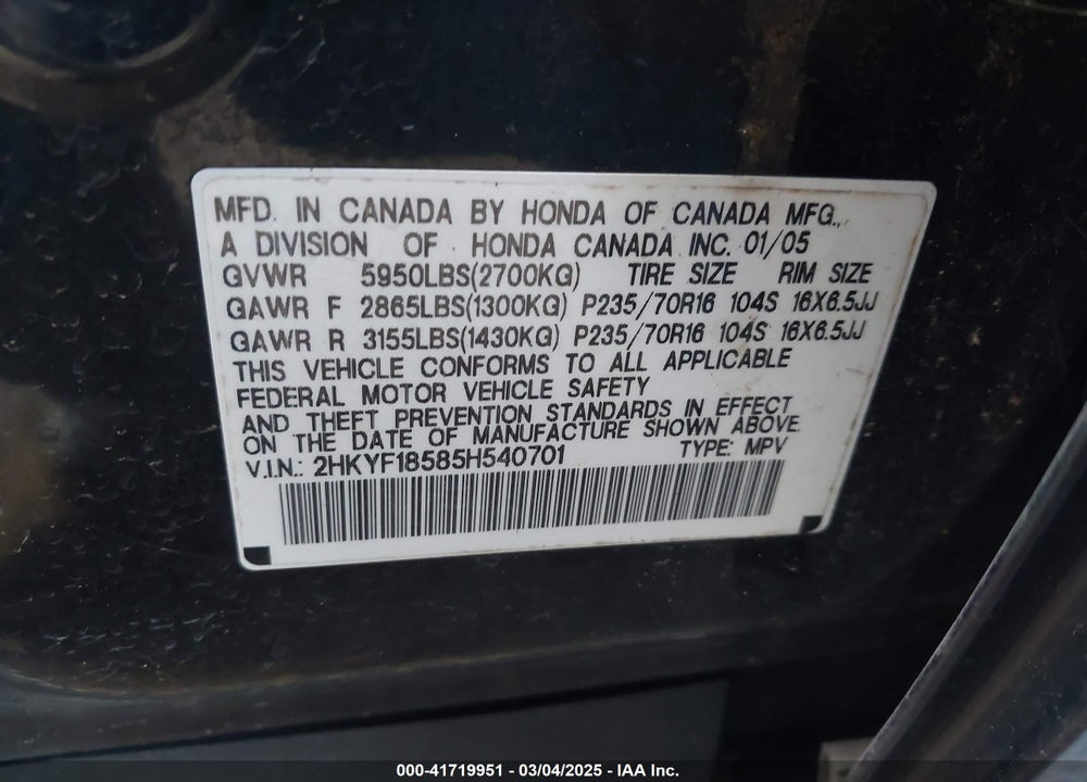2005 HONDA PILOT VIN: 2HKYF18585H540701