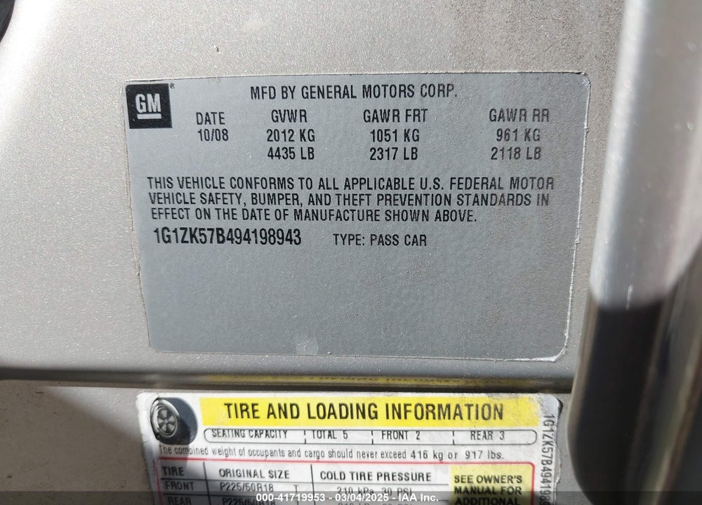 2009 CHEVROLET MALIBU VIN: 1G1ZK57B494198943
