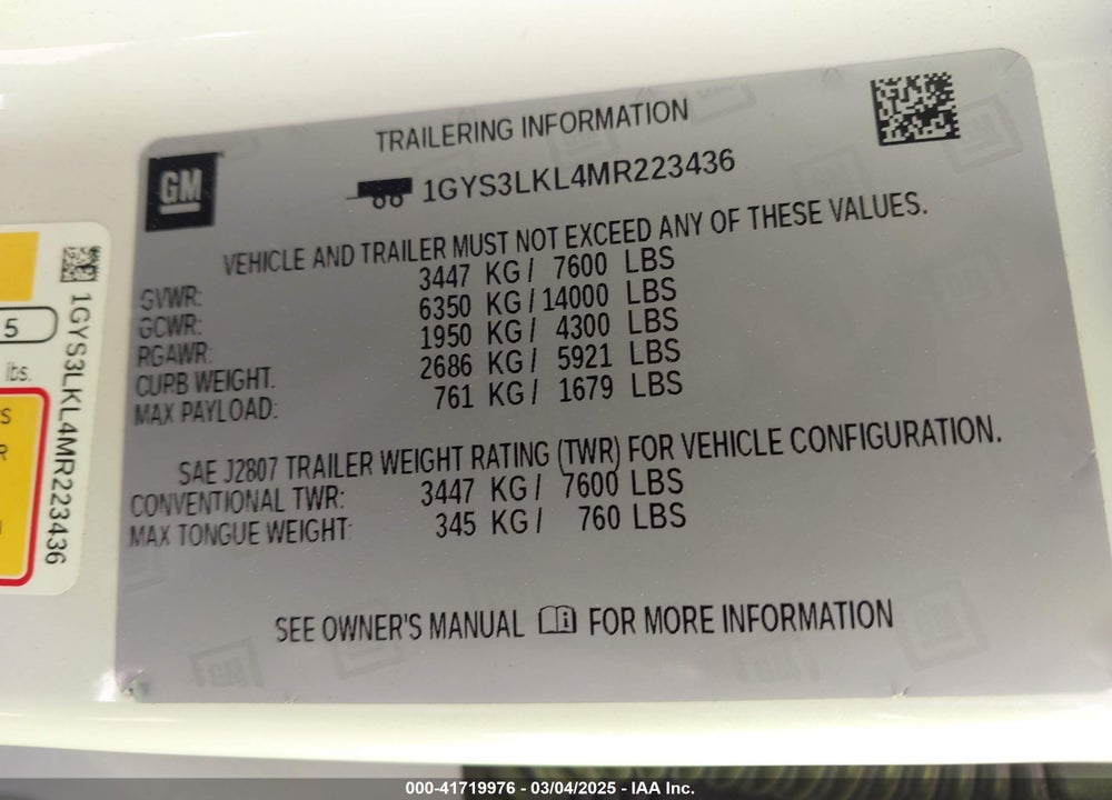 2021 CADILLAC ESCALADE VIN: 1GYS3LKL4MR223436