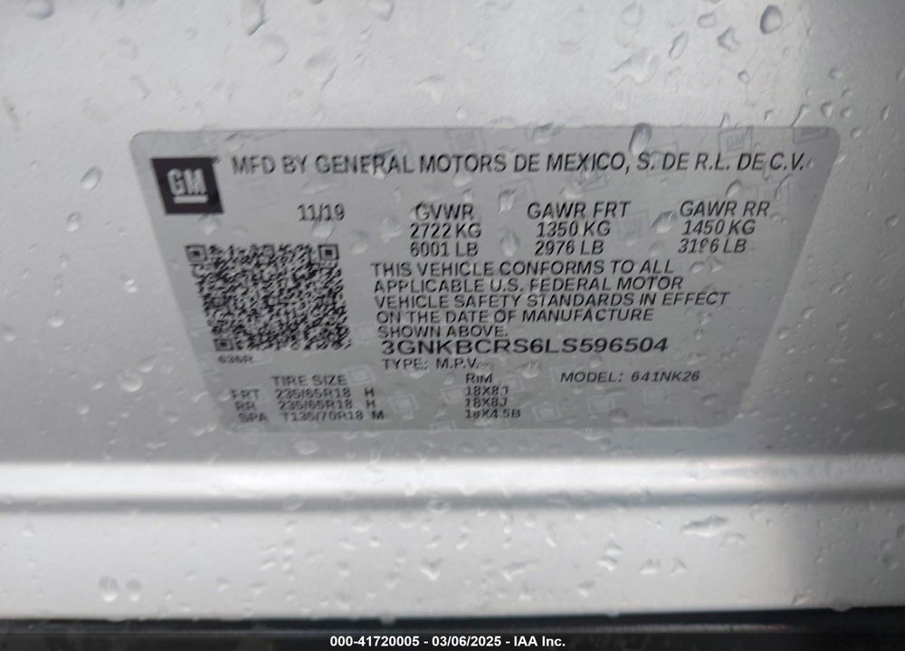 2020 CHEVROLET BLAZER VIN: 3GNKBCRS6LS596504