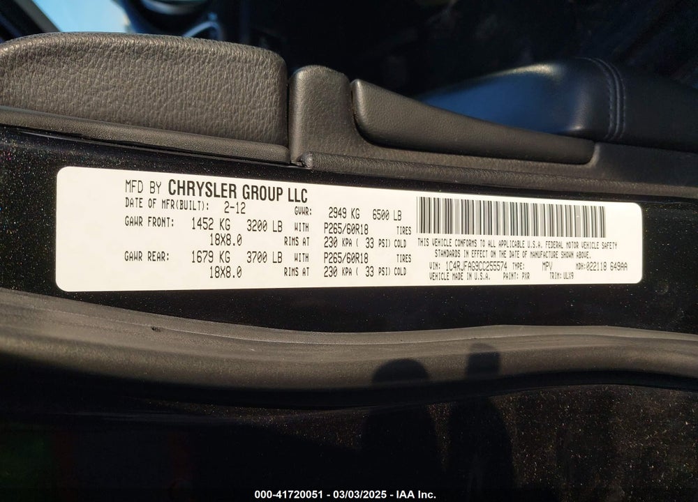 2012 JEEP GRAND CHEROKEE LAREDO VIN: 1C4RJFAG9CC255574