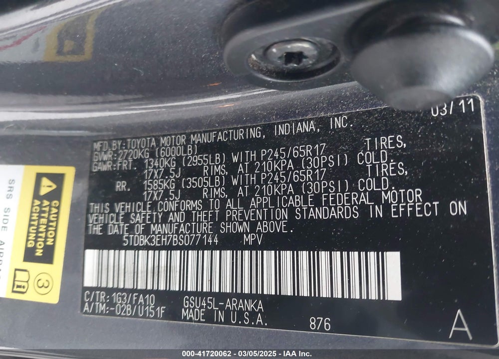 2011 TOYOTA HIGHLANDER VIN: 5TDBK3EH7BS077144